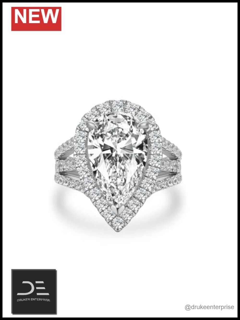3.5 CT Pear Halo Engagement Ring, Split Shank Silver